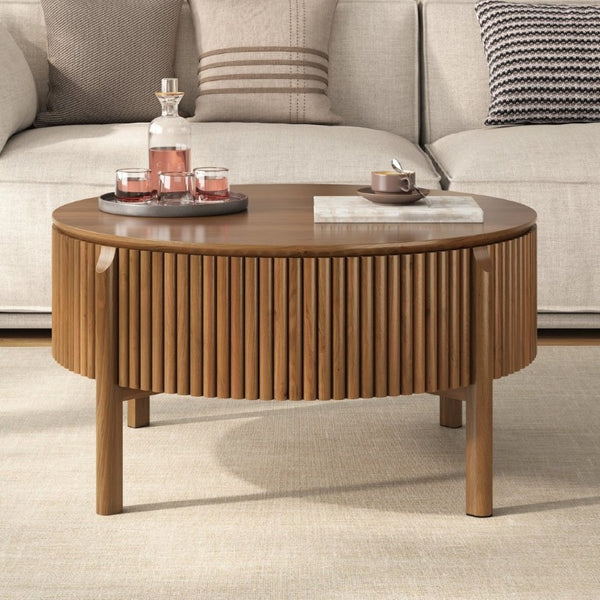 English Elm Round Lift Top Coffee Table Solid Wood Fluted Walnut Finish Living Room Storage N735P464675D