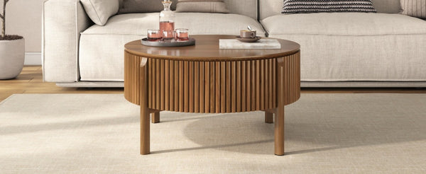 English Elm Round Lift Top Coffee Table Solid Wood Fluted Walnut Finish Living Room Storage N735P464675D