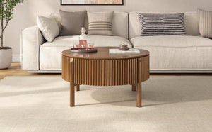 English Elm Round Lift Top Coffee Table Solid Wood Fluted Walnut Finish Living Room Storage N735P464675D