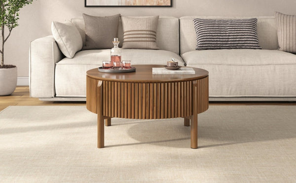 English Elm Round Lift Top Coffee Table Solid Wood Fluted Walnut Finish Living Room Storage N735P464675D