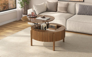 English Elm Round Lift Top Coffee Table Solid Wood Fluted Walnut Finish Living Room Storage N735P464675D