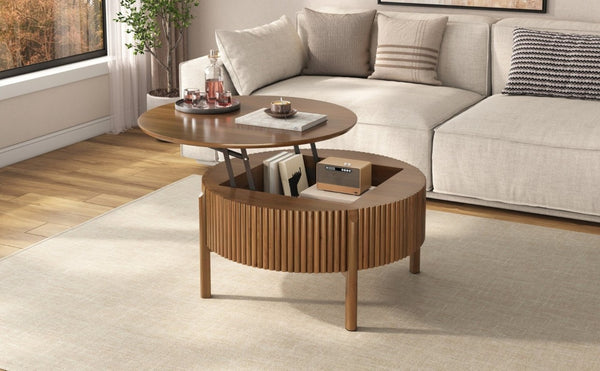 English Elm Round Lift Top Coffee Table Solid Wood Fluted Walnut Finish Living Room Storage N735P464675D