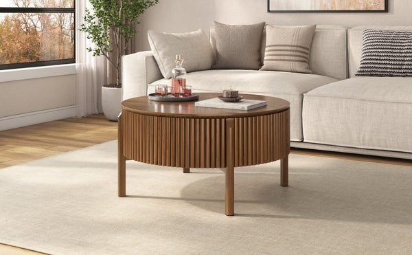 English Elm Round Lift Top Coffee Table Solid Wood Fluted Walnut Finish Living Room Storage N735P464675D