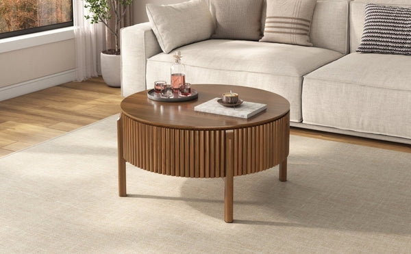 English Elm Round Lift Top Coffee Table Solid Wood Fluted Walnut Finish Living Room Storage N735P464675D