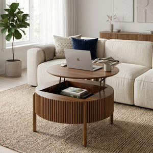 English Elm Round Lift Top Coffee Table Solid Wood Fluted Walnut Finish Living Room Storage N735P464675D