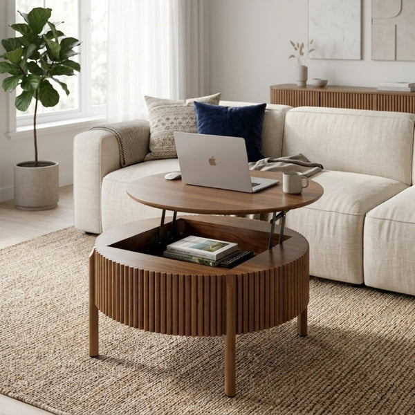 English Elm Round Lift Top Coffee Table Solid Wood Fluted Walnut Finish Living Room Storage N735P464675D