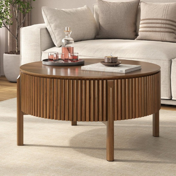English Elm Round Lift Top Coffee Table Solid Wood Fluted Walnut Finish Living Room Storage N735P464675D