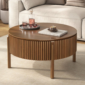 English Elm Round Lift Top Coffee Table Solid Wood Fluted Walnut Finish Living Room Storage N735P464675D