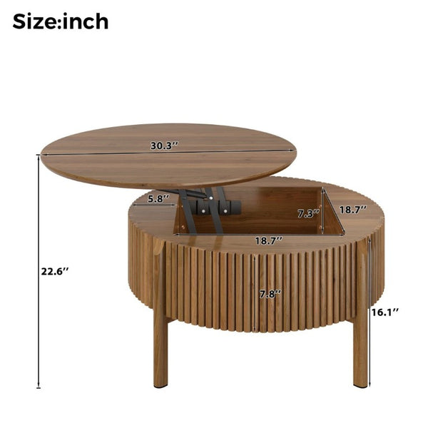 English Elm Round Lift Top Coffee Table Solid Wood Fluted Walnut Finish Living Room Storage N735P464675D