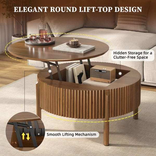 English Elm Round Lift Top Coffee Table Solid Wood Fluted Walnut Finish Living Room Storage N735P464675D