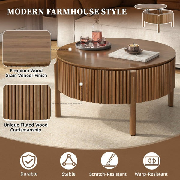 English Elm Round Lift Top Coffee Table Solid Wood Fluted Walnut Finish Living Room Storage N735P464675D