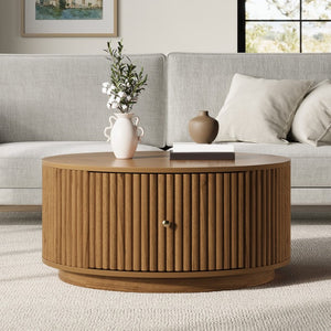 English Elm Vintage Oval Rubberwood Cocktail Table French Country Carved Legs with Drawer and Shelf Walnut Solid Wood+MDF 30.3 x 30.3 x 16.6 inches N735P464679D