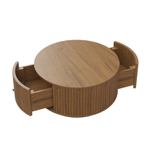 English Elm Vintage Oval Rubberwood Cocktail Table French Country Carved Legs with Drawer and Shelf Walnut Solid Wood+MDF 30.3 x 30.3 x 16.6 inches N735P464679D