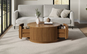 English Elm Vintage Oval Rubberwood Cocktail Table French Country Carved Legs with Drawer and Shelf Walnut Solid Wood+MDF 30.3 x 30.3 x 16.6 inches N735P464679D
