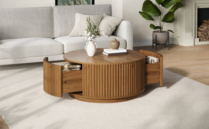 English Elm Vintage Oval Rubberwood Cocktail Table French Country Carved Legs with Drawer and Shelf Walnut Solid Wood+MDF 30.3 x 30.3 x 16.6 inches N735P464679D