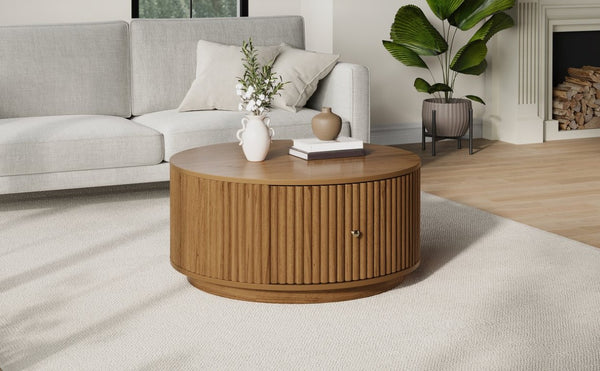 English Elm Vintage Oval Rubberwood Cocktail Table French Country Carved Legs with Drawer and Shelf Walnut Solid Wood+MDF 30.3 x 30.3 x 16.6 inches N735P464679D