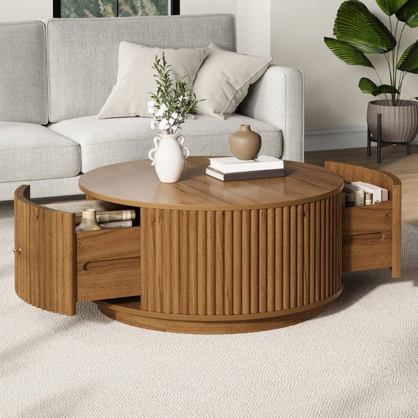 English Elm Vintage Oval Rubberwood Cocktail Table French Country Carved Legs with Drawer and Shelf Walnut Solid Wood+MDF 30.3 x 30.3 x 16.6 inches N735P464679D