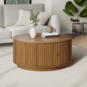 English Elm Vintage Oval Rubberwood Cocktail Table French Country Carved Legs with Drawer and Shelf Walnut Solid Wood+MDF 30.3 x 30.3 x 16.6 inches N735P464679D
