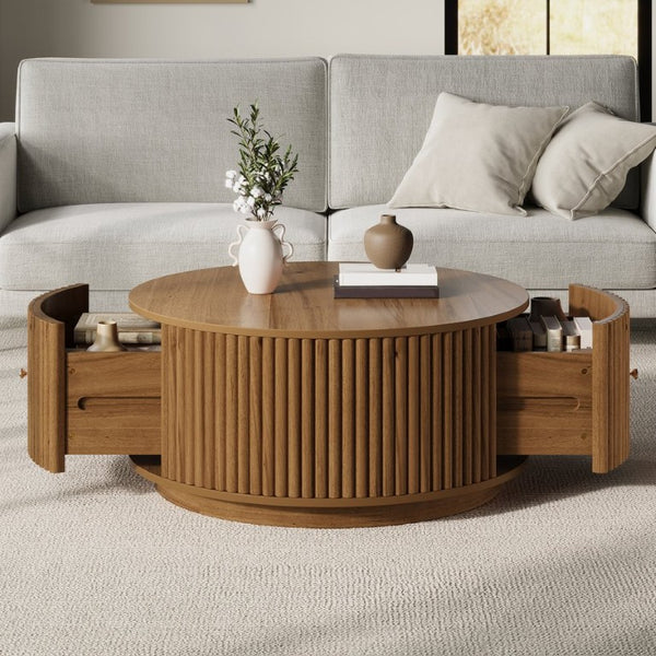 English Elm Vintage Oval Rubberwood Cocktail Table French Country Carved Legs with Drawer and Shelf Walnut Solid Wood+MDF 30.3 x 30.3 x 16.6 inches N735P464679D