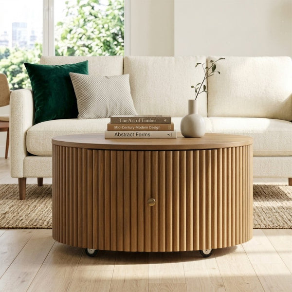 English Elm Round Fluted Drum Cocktail Table with Hidden Drawers Rolling Casters Walnut Finish N735P464686D
