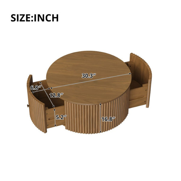 English Elm Round Fluted Drum Cocktail Table with Hidden Drawers Rolling Casters Walnut Finish N735P464686D