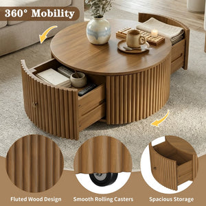 English Elm Round Fluted Drum Cocktail Table with Hidden Drawers Rolling Casters Walnut Finish N735P464686D