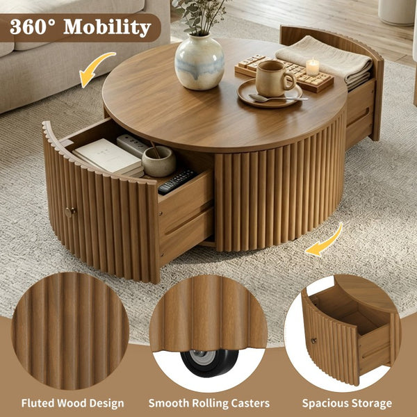 English Elm Round Fluted Drum Cocktail Table with Hidden Drawers Rolling Casters Walnut Finish N735P464686D