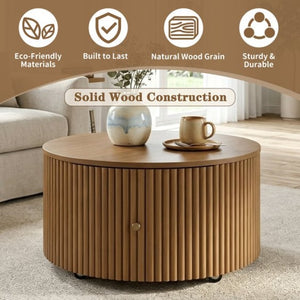 English Elm Round Fluted Drum Cocktail Table with Hidden Drawers Rolling Casters Walnut Finish N735P464686D