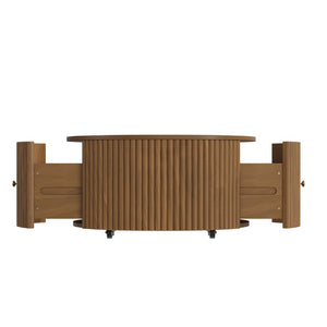 English Elm Round Fluted Drum Cocktail Table with Hidden Drawers Rolling Casters Walnut Finish N735P464686D