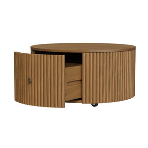English Elm Round Fluted Drum Cocktail Table with Hidden Drawers Rolling Casters Walnut Finish N735P464686D