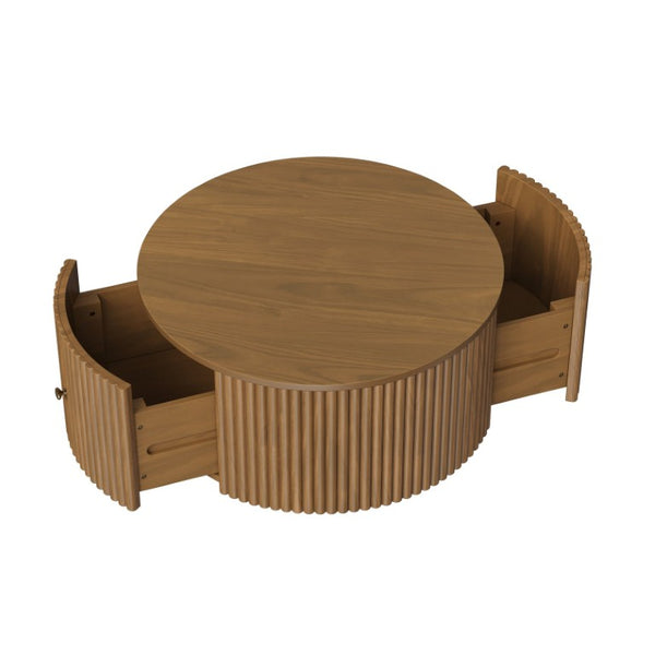 English Elm Round Fluted Drum Cocktail Table with Hidden Drawers Rolling Casters Walnut Finish N735P464686D