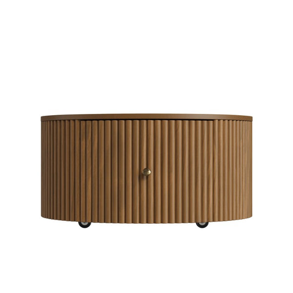 English Elm Round Fluted Drum Cocktail Table with Hidden Drawers Rolling Casters Walnut Finish N735P464686D