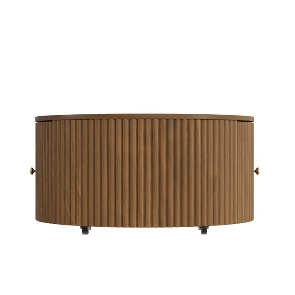English Elm Round Fluted Drum Cocktail Table with Hidden Drawers Rolling Casters Walnut Finish N735P464686D