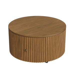 English Elm Round Fluted Drum Cocktail Table with Hidden Drawers Rolling Casters Walnut Finish N735P464686D