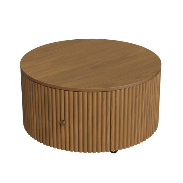 English Elm Round Fluted Drum Cocktail Table with Hidden Drawers Rolling Casters Walnut Finish N735P464686D