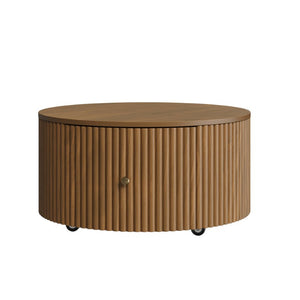 English Elm Round Fluted Drum Cocktail Table with Hidden Drawers Rolling Casters Walnut Finish N735P464686D
