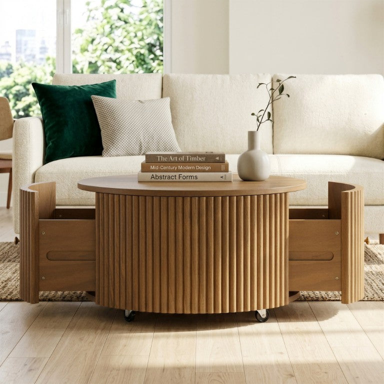 English Elm Round Fluted Drum Cocktail Table with Hidden Drawers Rolling Casters Walnut Finish N735P464686D