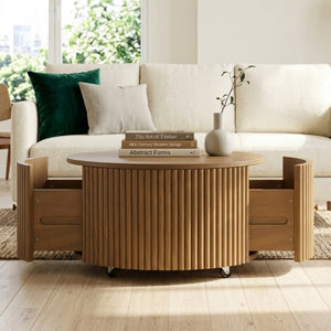English Elm Round Fluted Drum Cocktail Table with Hidden Drawers Rolling Casters Walnut Finish N735P464686D