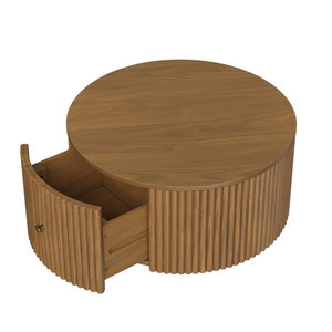 English Elm Round Fluted Drum Cocktail Table with Hidden Drawers Rolling Casters Walnut Finish N735P464686D