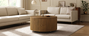 English Elm Round Fluted Drum Cocktail Table with Hidden Drawers Rolling Casters Walnut Finish N735P464686D
