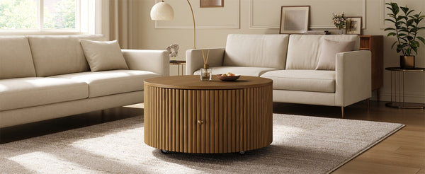 English Elm Round Fluted Drum Cocktail Table with Hidden Drawers Rolling Casters Walnut Finish N735P464686D