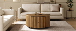 English Elm Round Fluted Drum Cocktail Table with Hidden Drawers Rolling Casters Walnut Finish N735P464686D