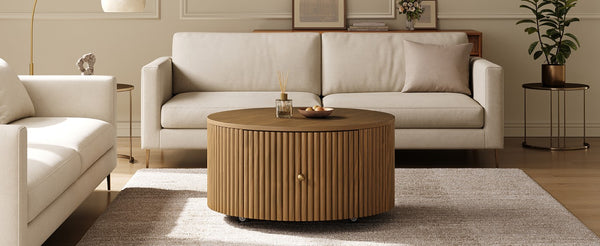English Elm Round Fluted Drum Cocktail Table with Hidden Drawers Rolling Casters Walnut Finish N735P464686D