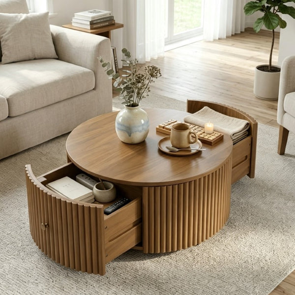 English Elm Round Fluted Drum Cocktail Table with Hidden Drawers Rolling Casters Walnut Finish N735P464686D