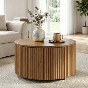 English Elm Round Fluted Drum Cocktail Table with Hidden Drawers Rolling Casters Walnut Finish N735P464686D