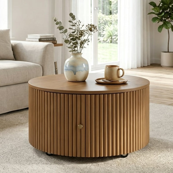 English Elm Round Fluted Drum Cocktail Table with Hidden Drawers Rolling Casters Walnut Finish N735P464686D