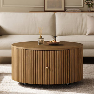 English Elm Round Fluted Drum Cocktail Table with Hidden Drawers Rolling Casters Walnut Finish N735P464686D