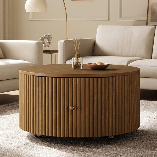 English Elm Round Fluted Drum Cocktail Table with Hidden Drawers Rolling Casters Walnut Finish N735P464686D