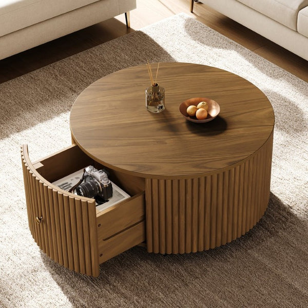 English Elm Round Fluted Drum Cocktail Table with Hidden Drawers Rolling Casters Walnut Finish N735P464686D