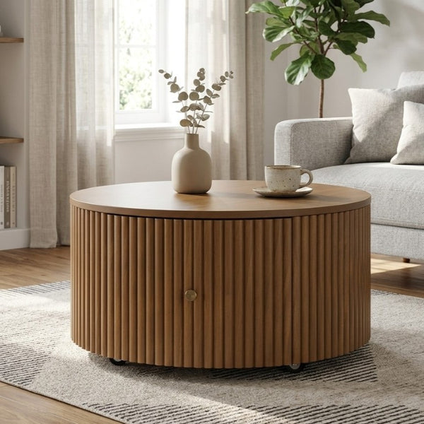 English Elm Round Fluted Drum Cocktail Table with Hidden Drawers Rolling Casters Walnut Finish N735P464686D